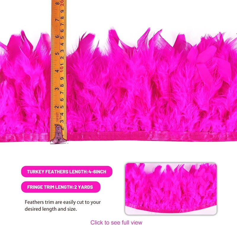 MAOFENG 2 Yards Natural Turkey Feathers Trim Sewing Fringe Fashion Dress Sewing 4-6inch for DIY Handicrafts Costumes Decoration,Hot Pink - Image 2